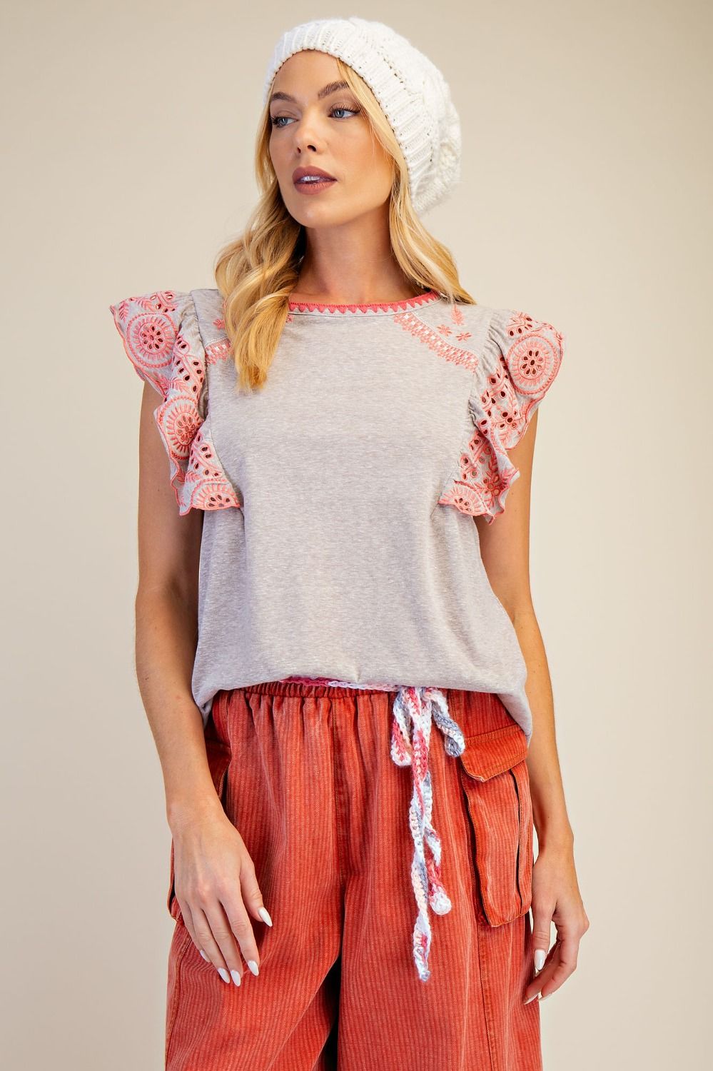 Embroidered Cap Wing Sleeve Top | Heather Grey/Pink