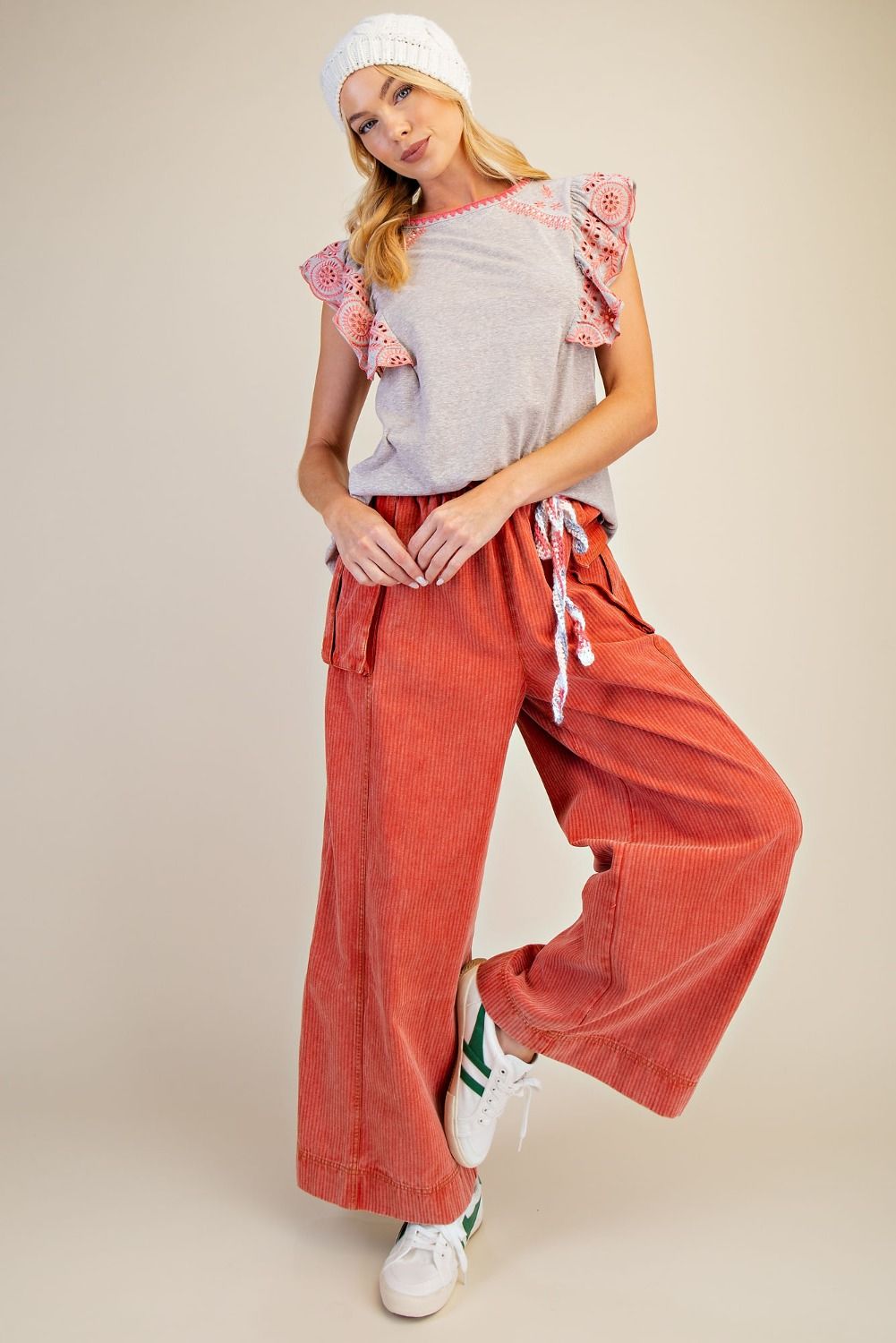 Embroidered Cap Wing Sleeve Top | Heather Grey/Pink