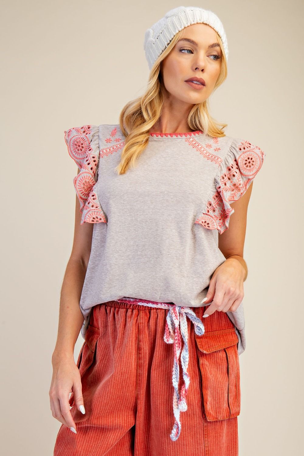 Embroidered Cap Wing Sleeve Top | Heather Grey/Pink