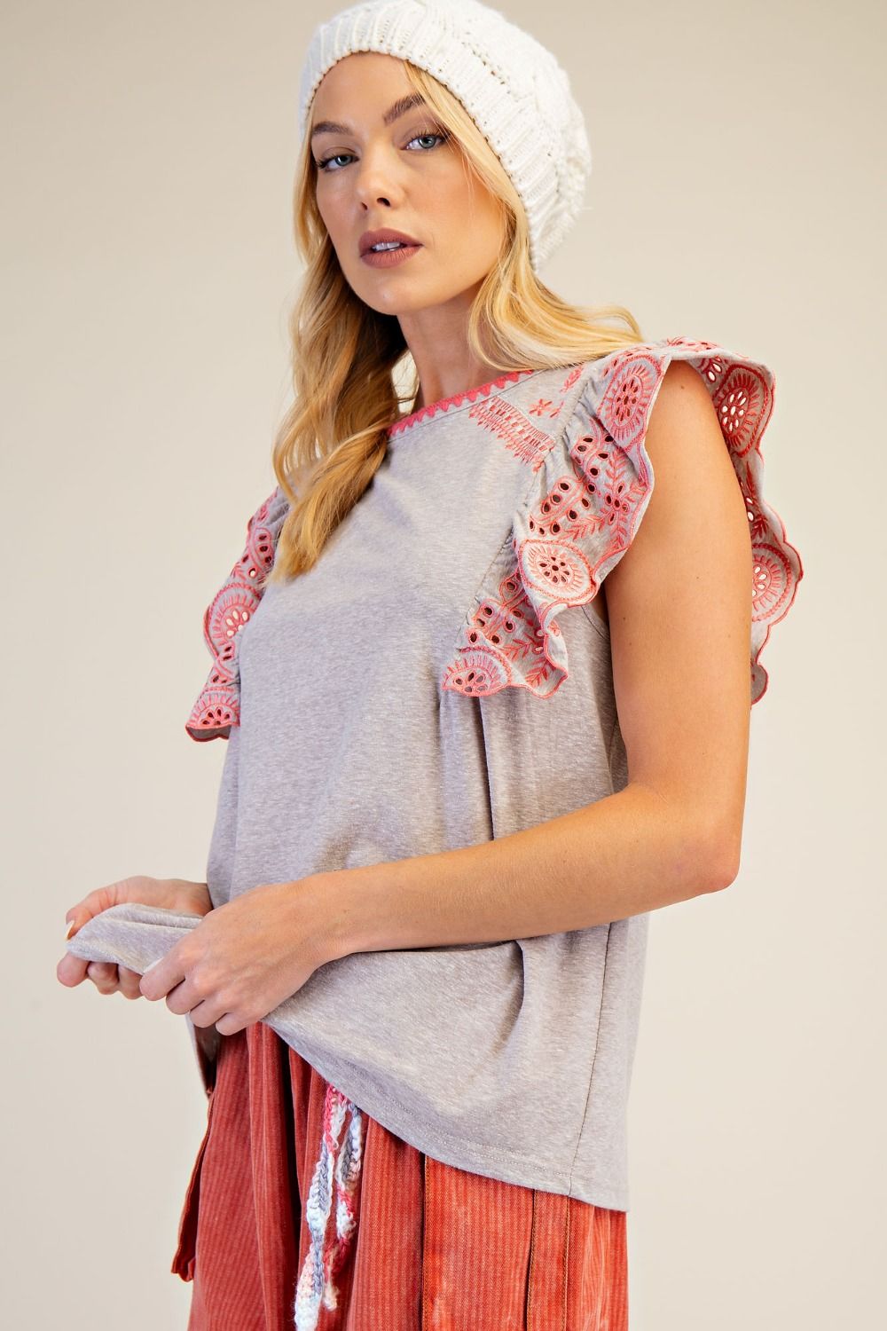 Embroidered Cap Wing Sleeve Top | Heather Grey/Pink