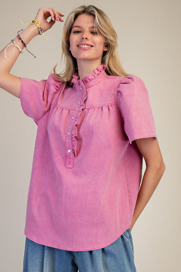 Button Down Washed Chambray Puff Sleeve Top | Raspberry