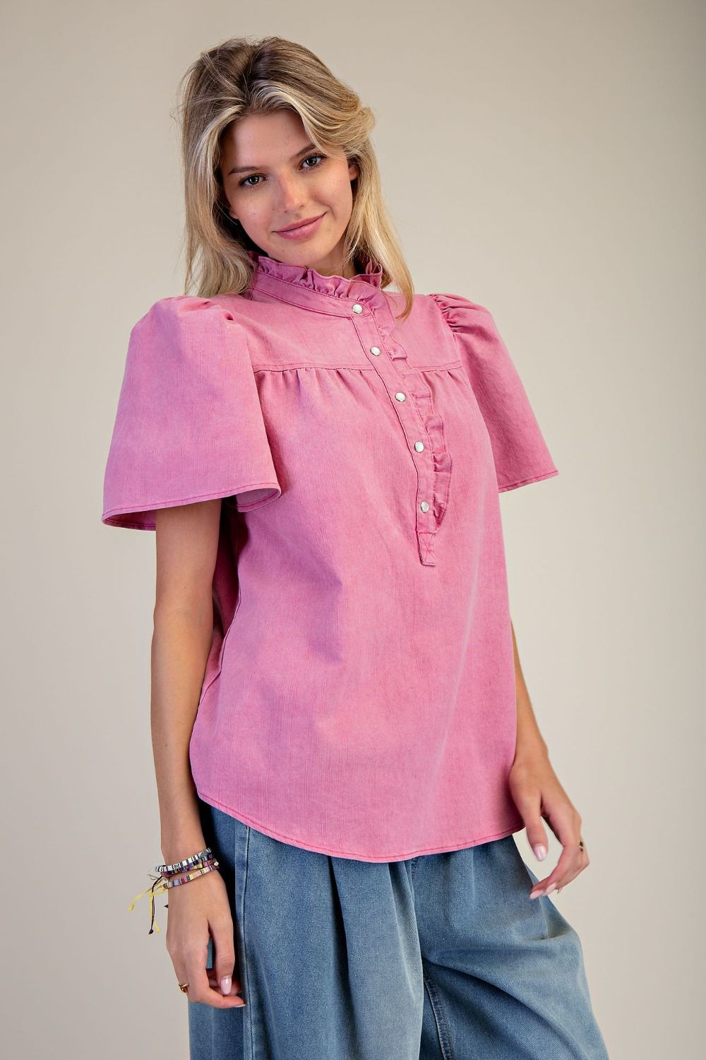 Button Down Washed Chambray Puff Sleeve Top | Raspberry