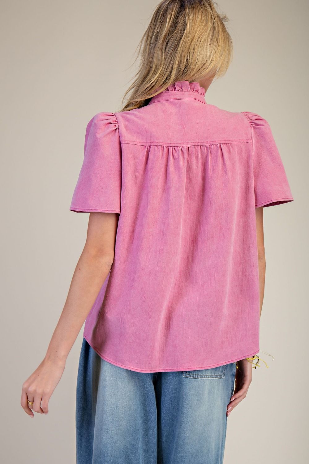 Button Down Washed Chambray Puff Sleeve Top | Raspberry