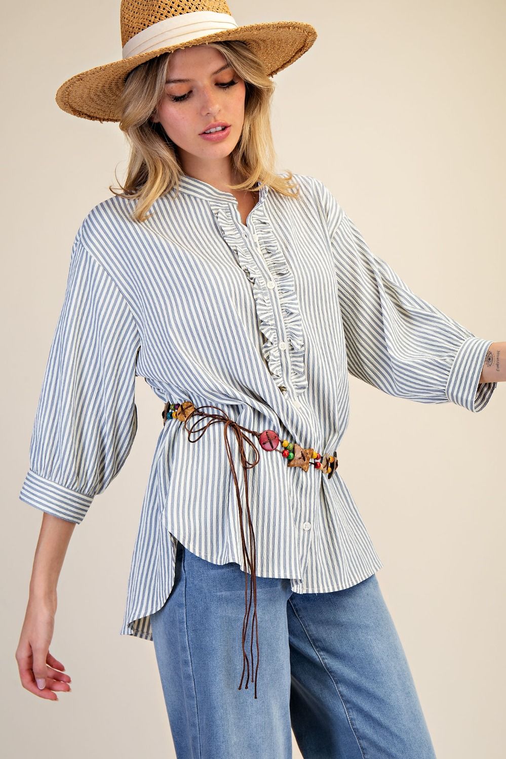 Washed Crinkle Stripe Button Top | Denim Blue