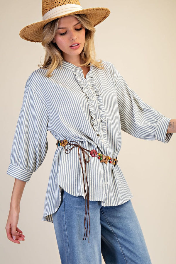 Washed Crinkle Stripe Button Top | Denim Blue