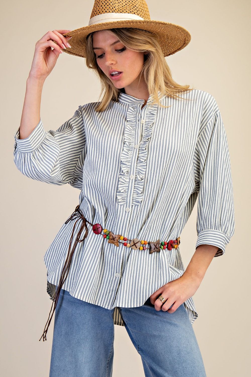 Washed Crinkle Stripe Button Top | Denim Blue