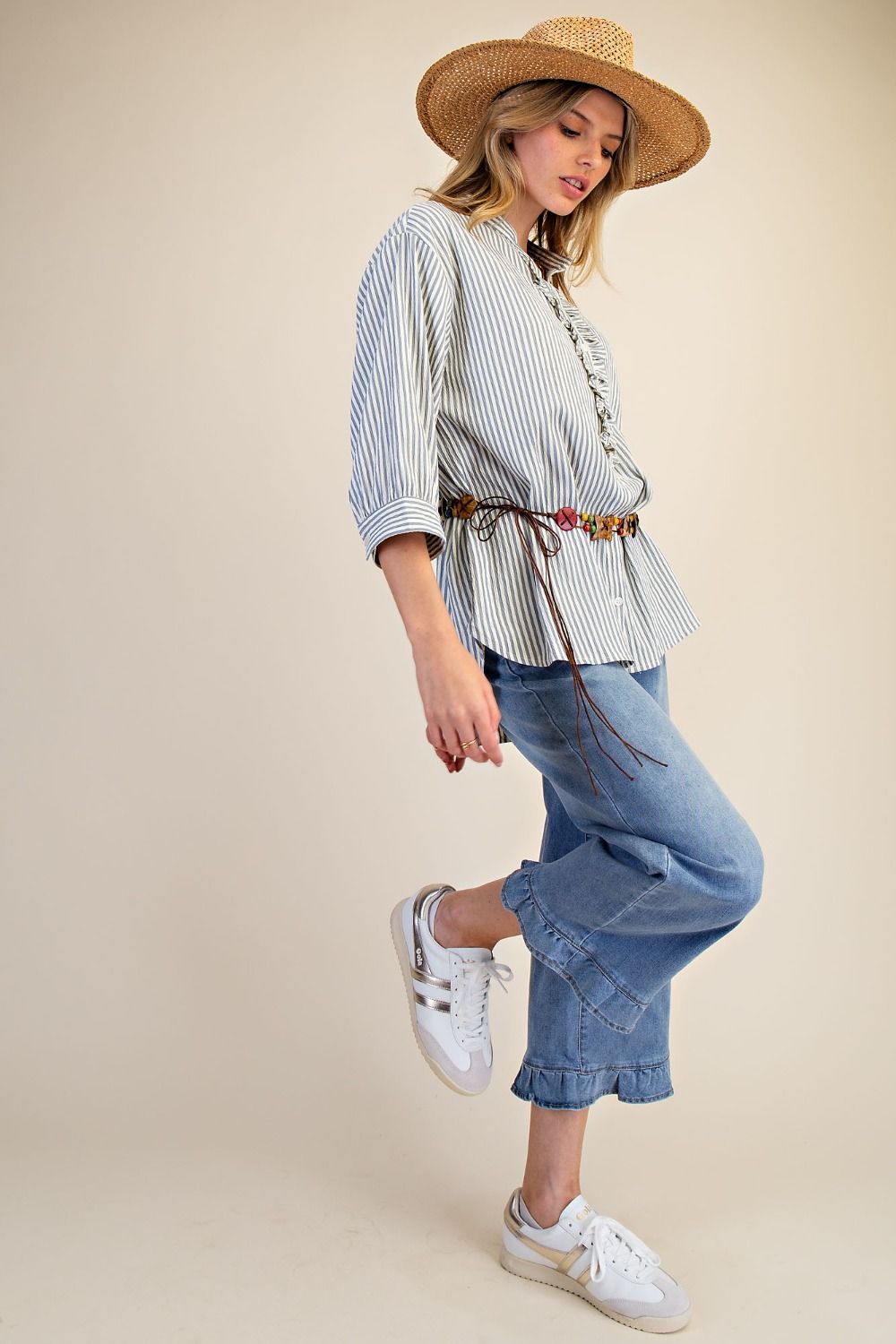 Washed Crinkle Stripe Button Top | Denim Blue