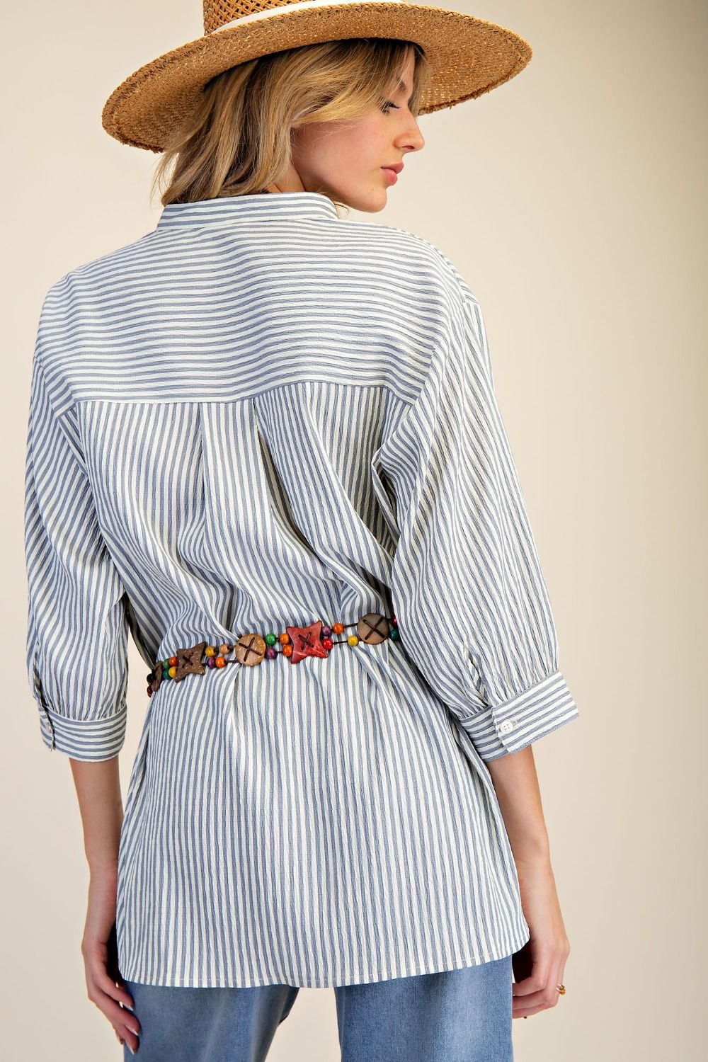 Washed Crinkle Stripe Button Top | Denim Blue