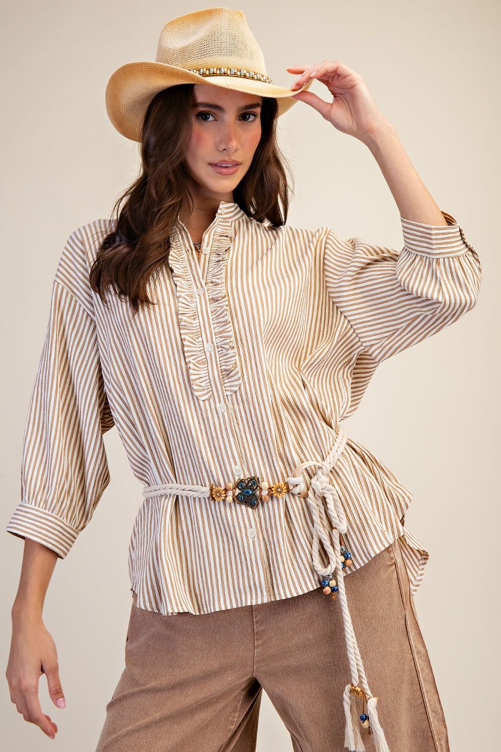 Washed Crinkle Stripe Button Top | Latte