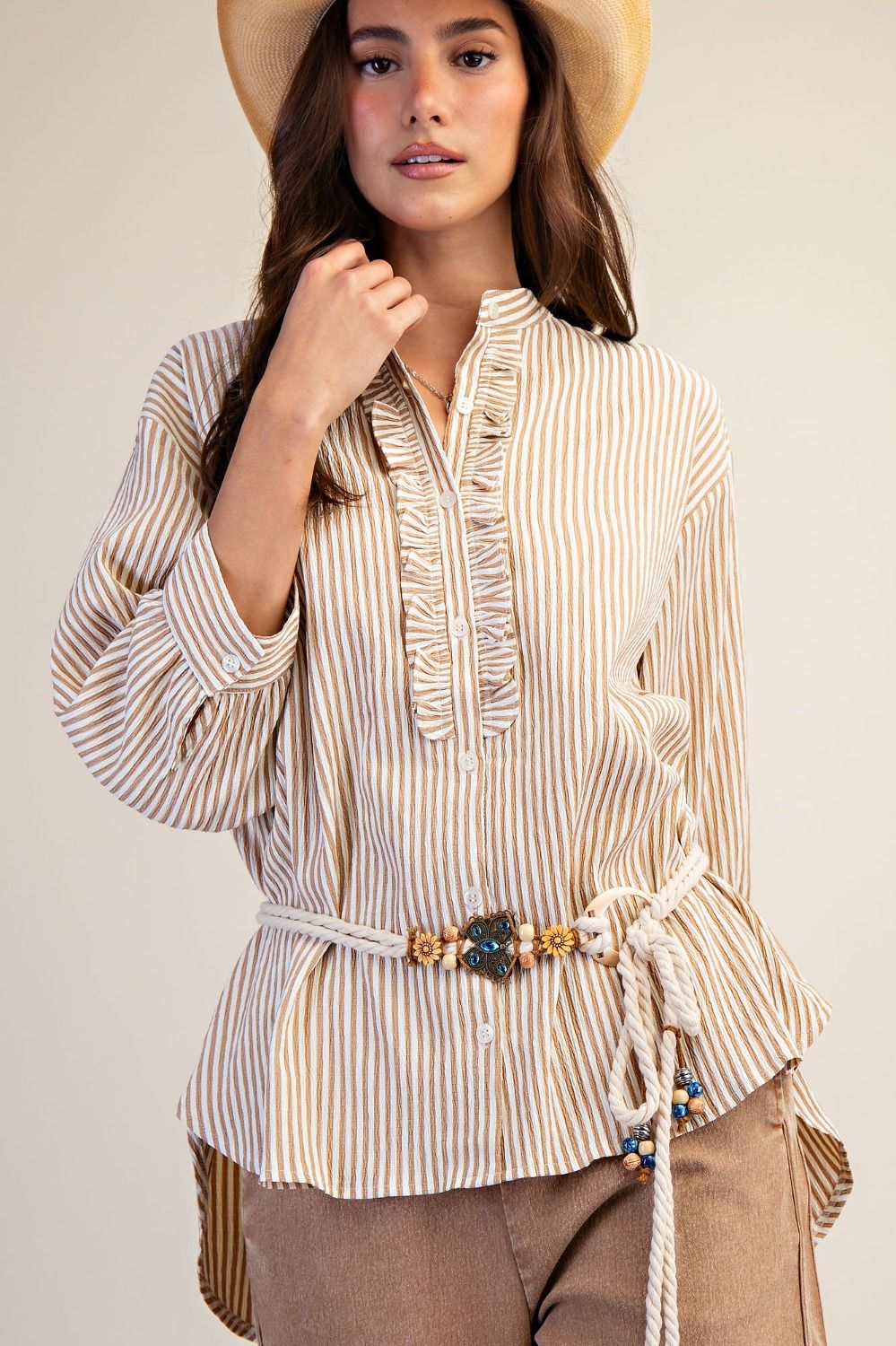 Washed Crinkle Stripe Button Top | Latte