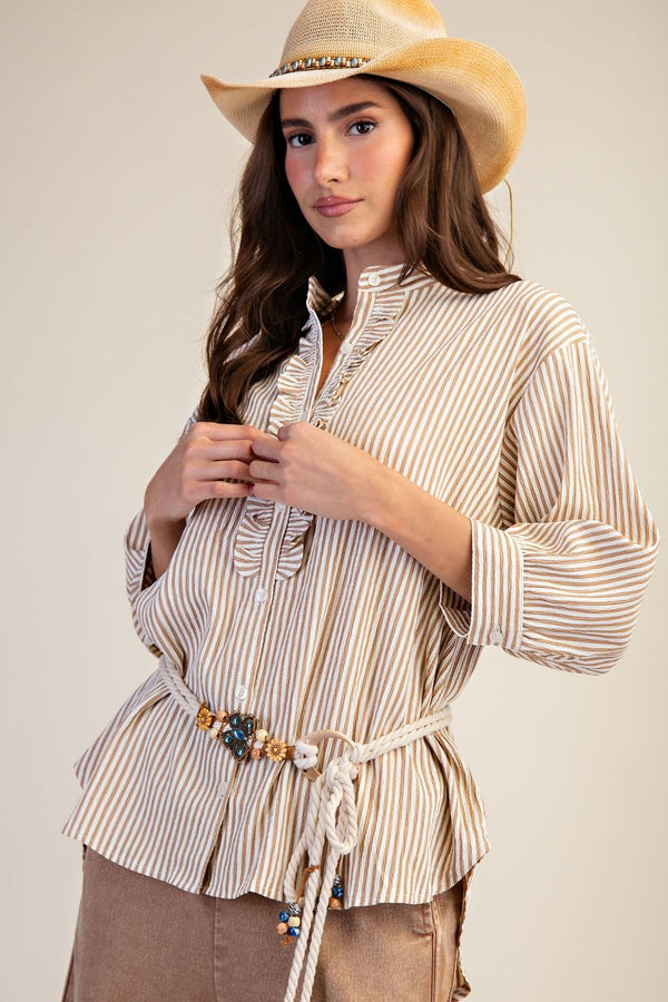 Washed Crinkle Stripe Button Top | Latte