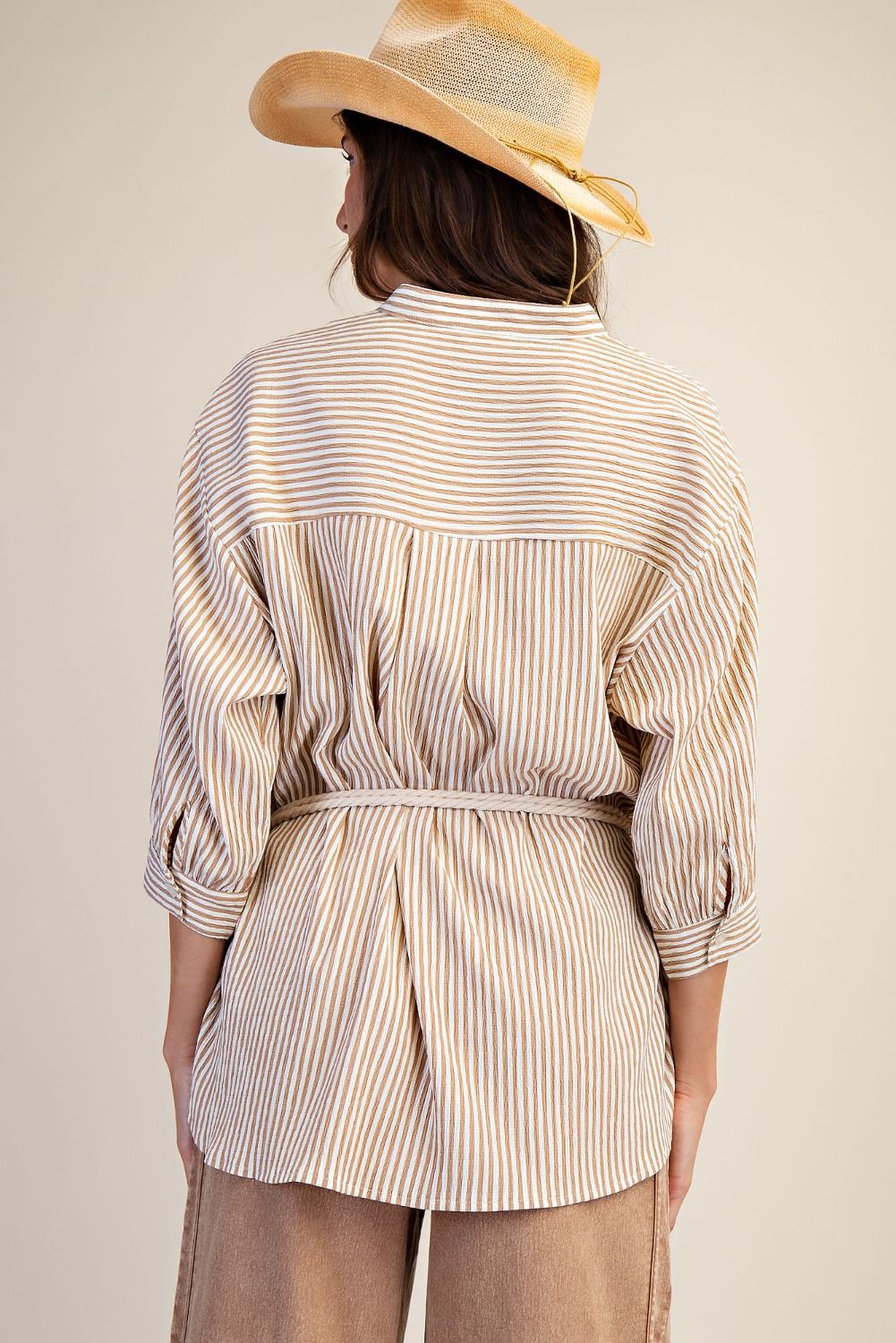 Washed Crinkle Stripe Button Top | Latte