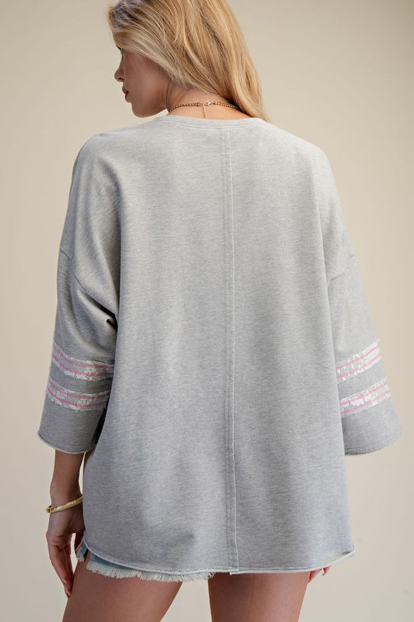 Faith Embroidered 3/4 Sleeve Oversized Top | Grey