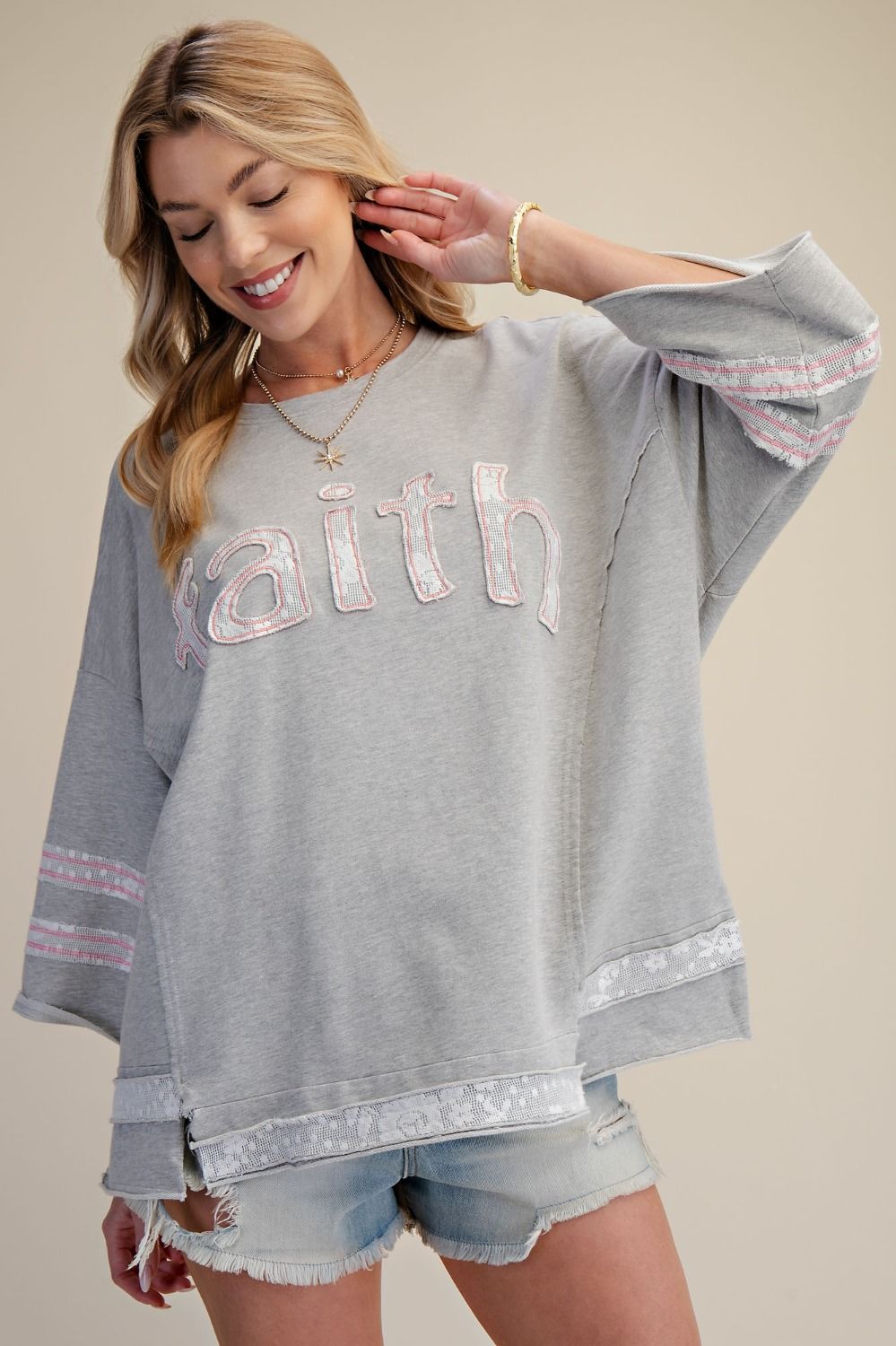 Faith Embroidered 3/4 Sleeve Oversized Top | Grey