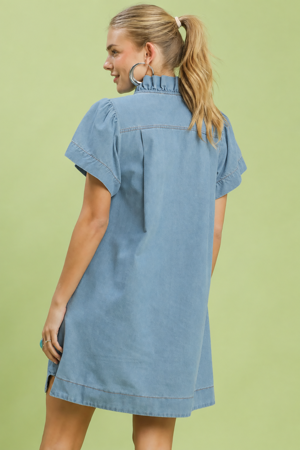 Denim Ruffle Collar Dress | Light Wash