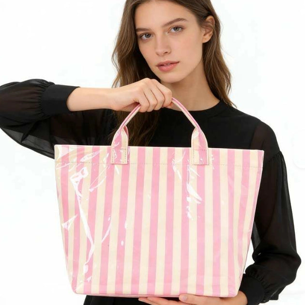 Striped Vinyl Tote Bag | Pink/Yellow
