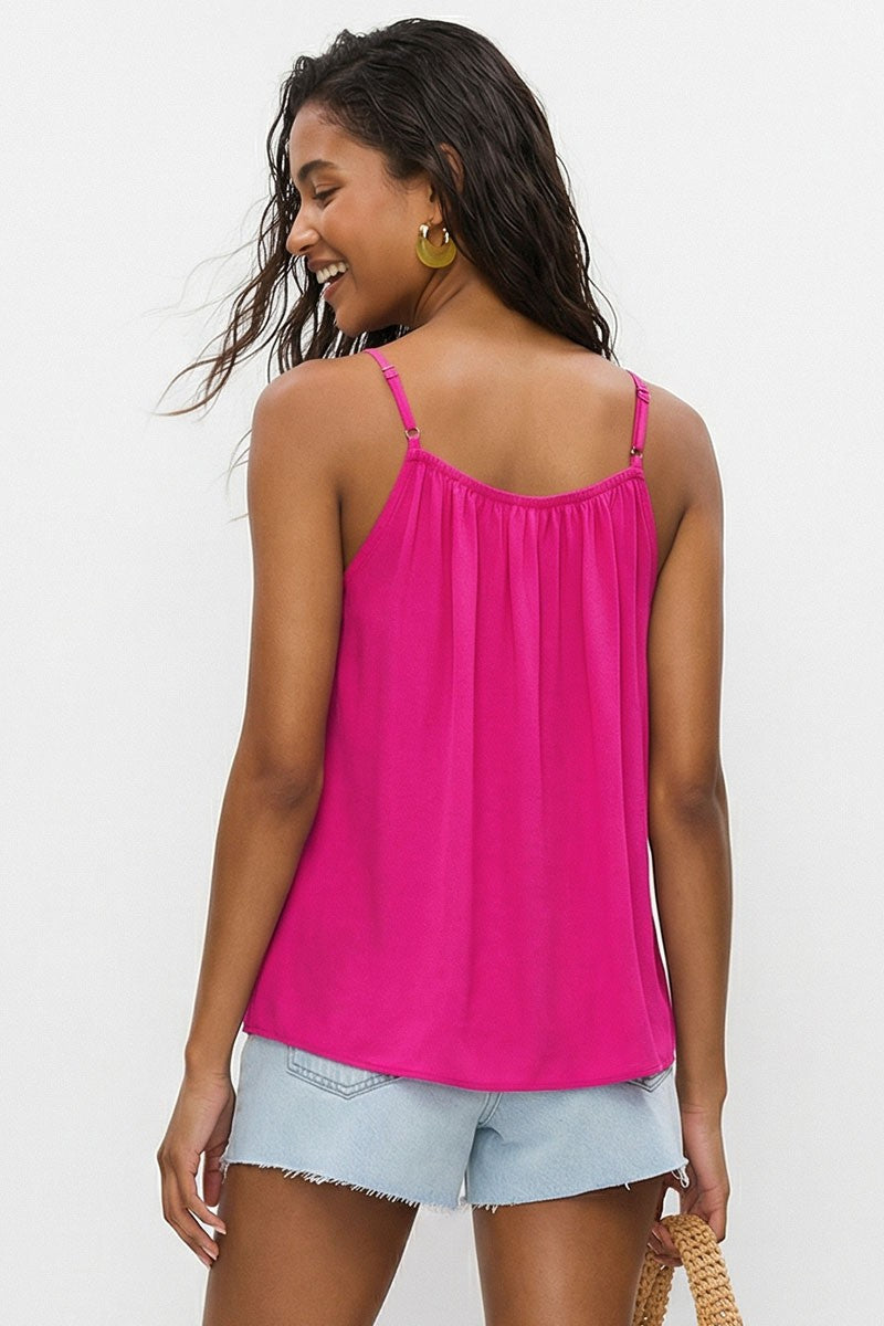 Silky Bead Detail Spaghetti Strap Tank Top | Hot Pink