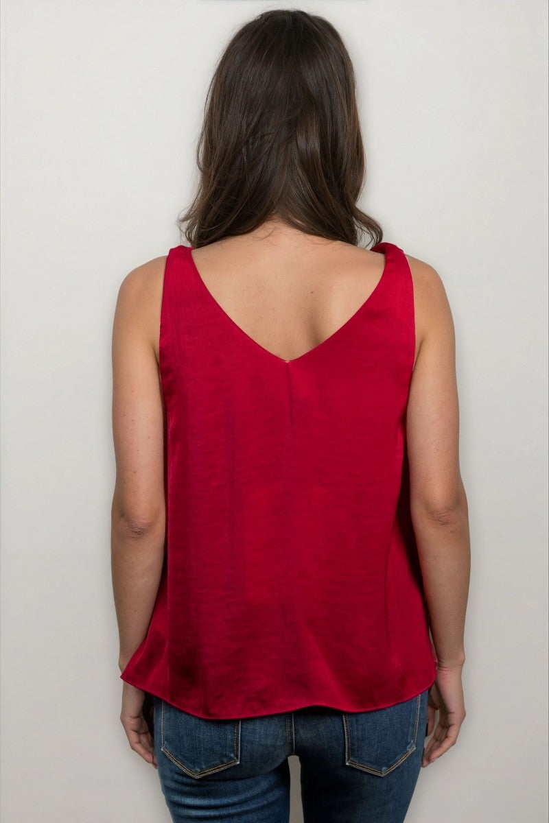 Silky Bubble Puff Strap Detail Tank Top | Crimson
