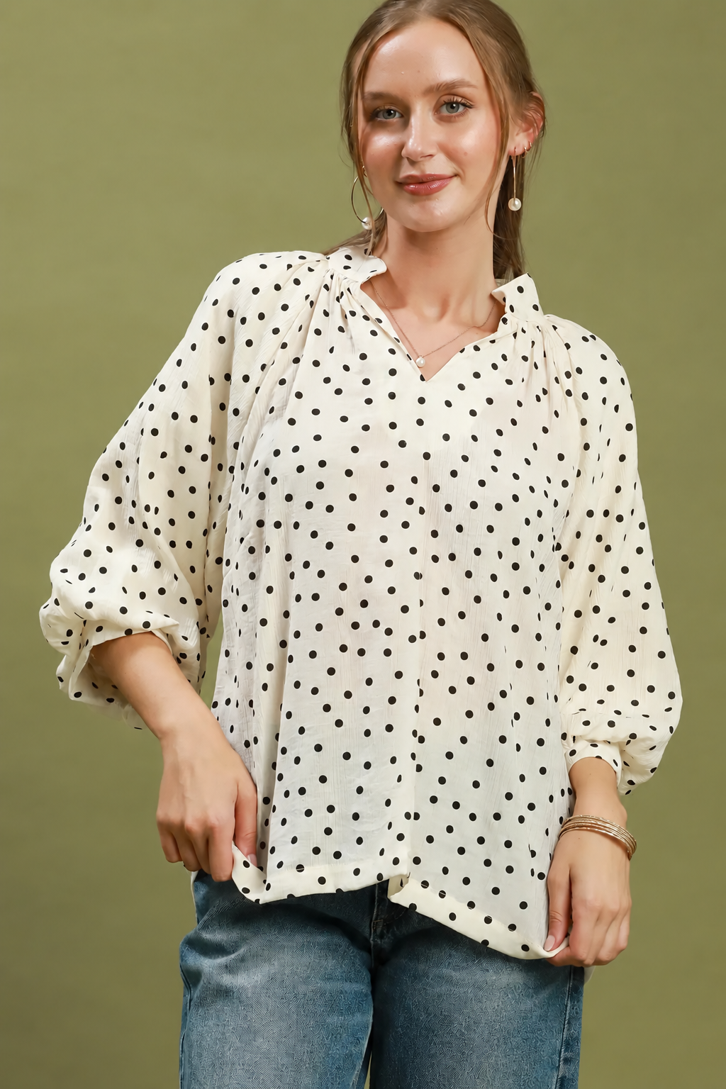 Textured Polka Dot 3/4 Puff Sleeve Top | Cream