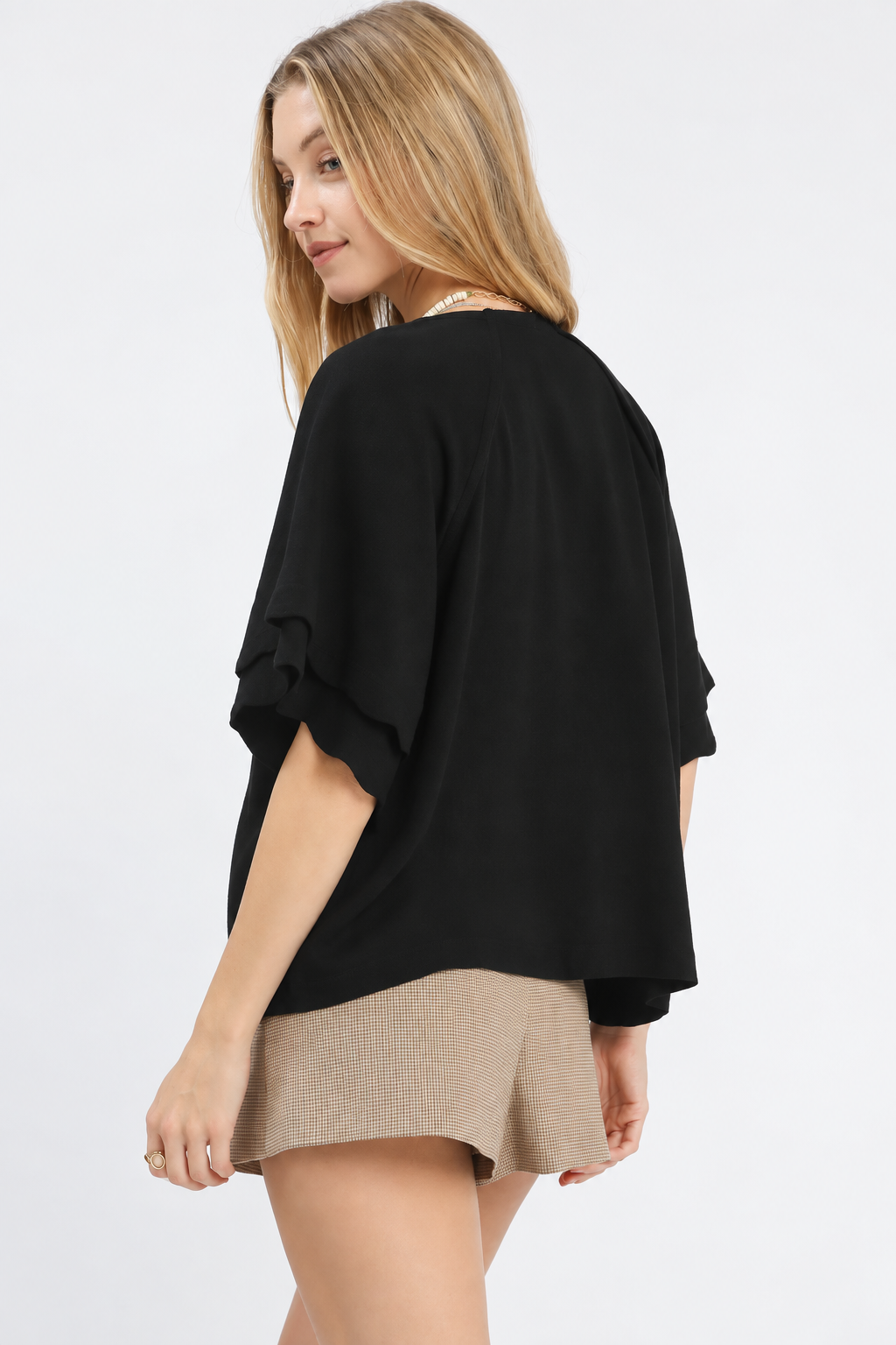 Linen Blend Double Ruffle Sleeve Top | Black