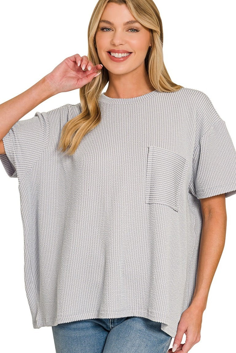 Raised Rib Pocket Top | Light Grey
