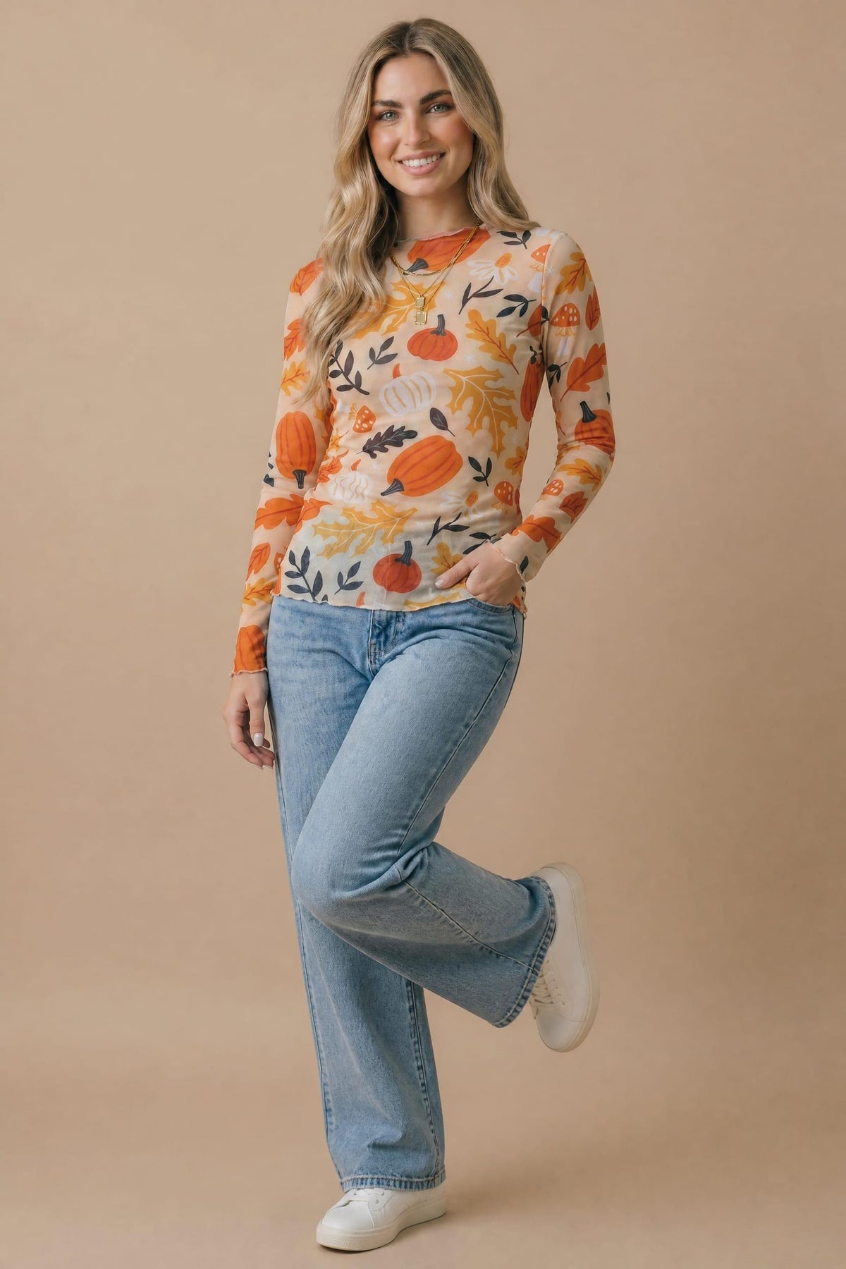Pumpkin Mesh Sheer Top | Cream/Rust