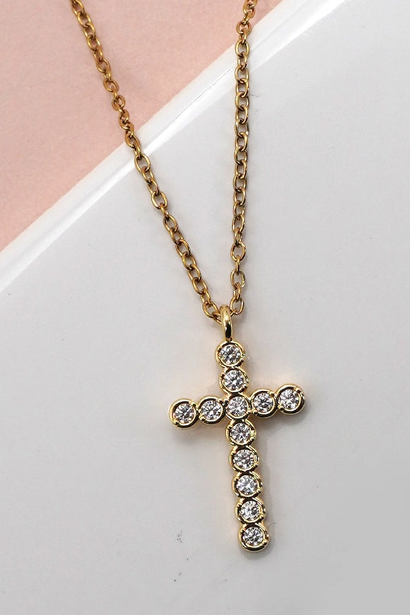 18k Dipped Rhinestone Cross Pendant | Gold Necklace