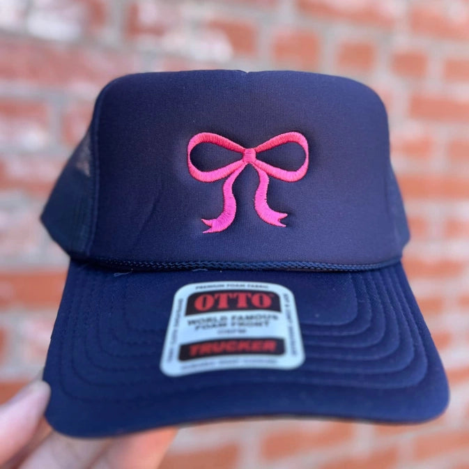 Embroidered Bow Trucker Cap | Navy/Pink