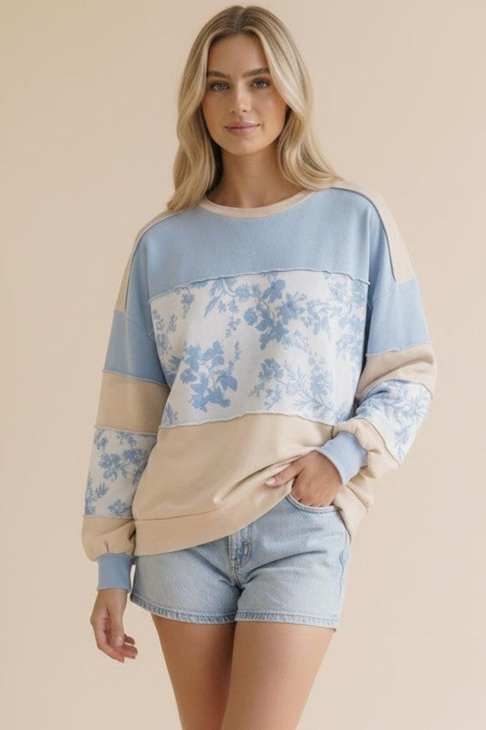 French Terry Floral Color Block Top | Cream/Blue
