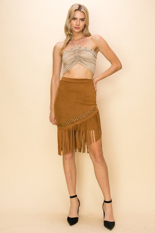 Stud Embellished Suede Fringe Hem Skirt | Camel