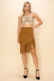 Stud Embellished Suede Fringe Hem Skirt | Camel