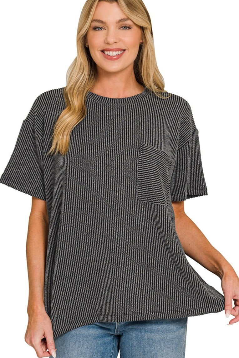 Raised Rib Pocket Top | Charcoal