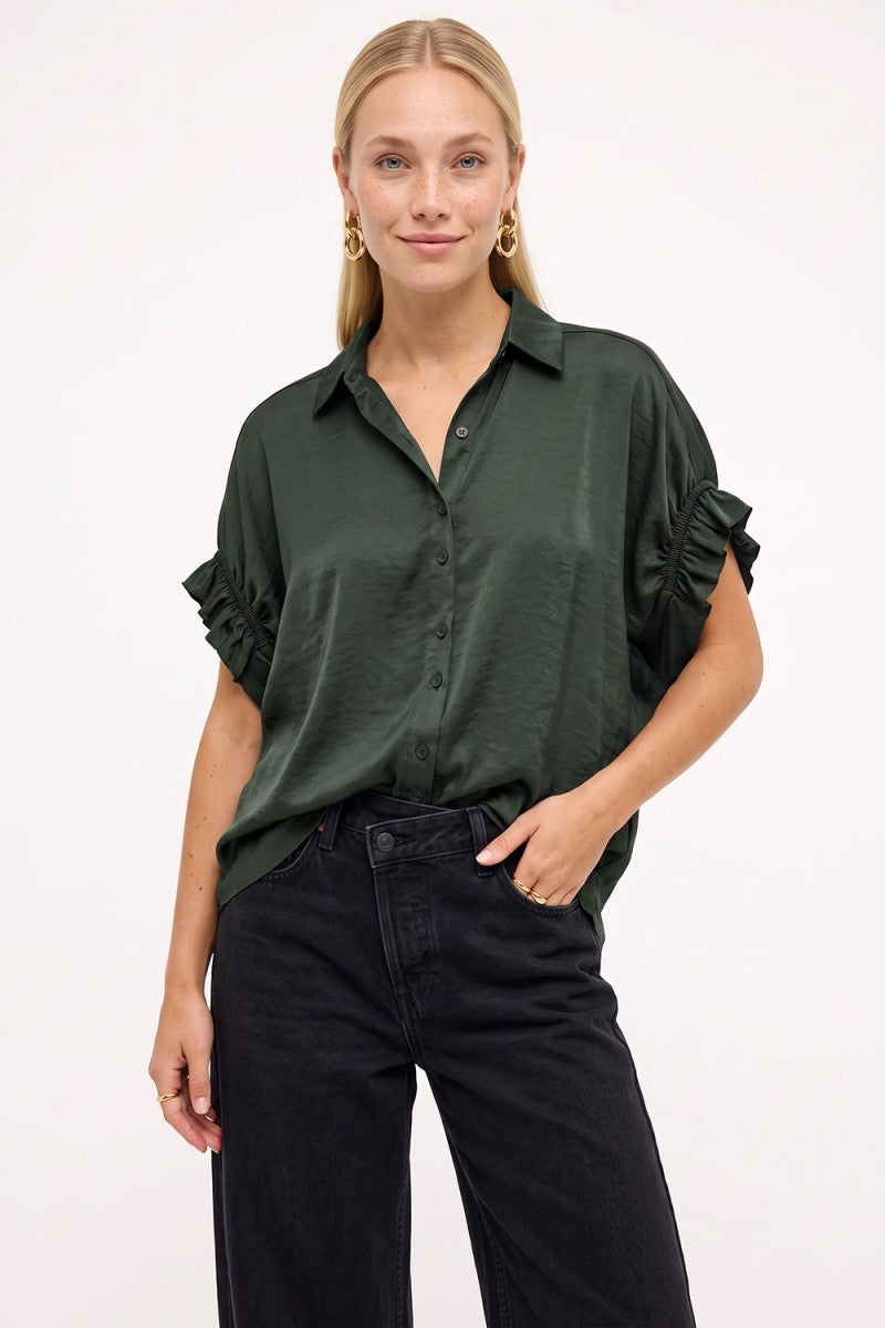 Satin Ruffle Sleeve Button Up Top | Forest Green