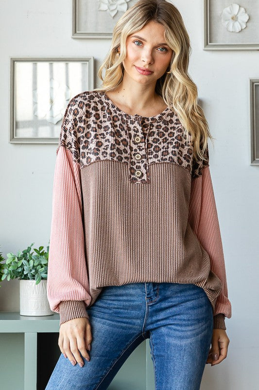 Leopard Ribbed Color Block Top | Chestnut