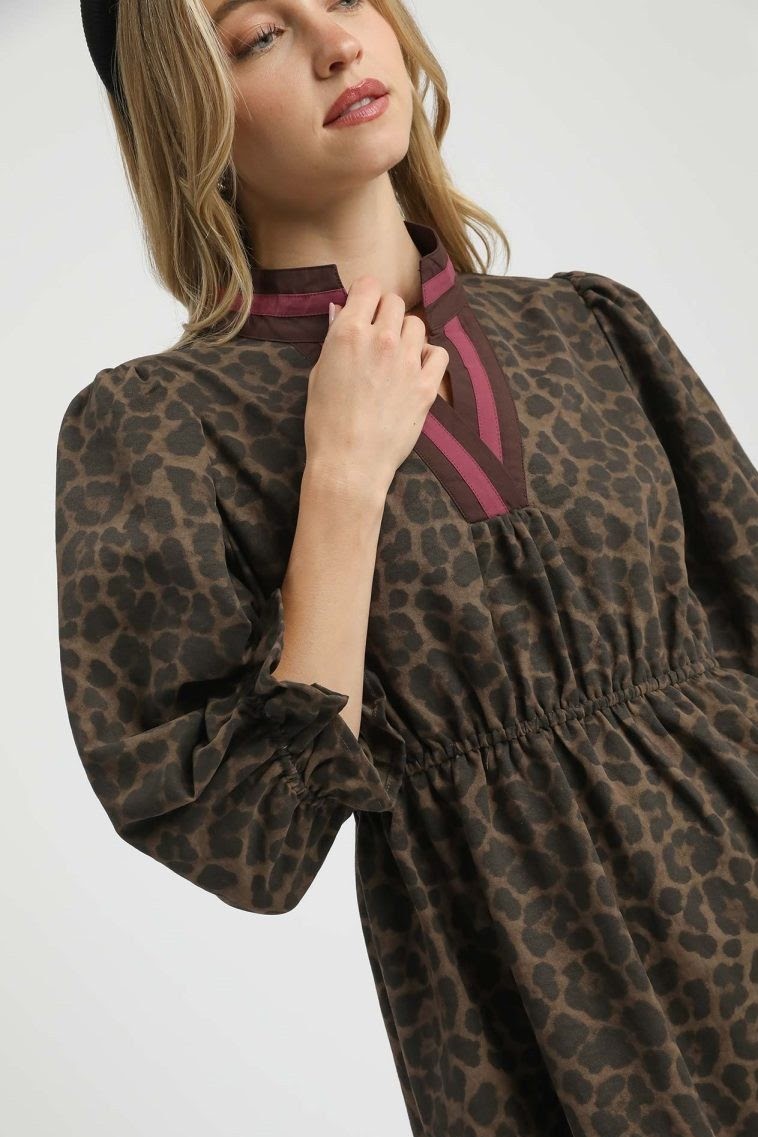 Leopard Puff Sleeve Dress | Chocolate