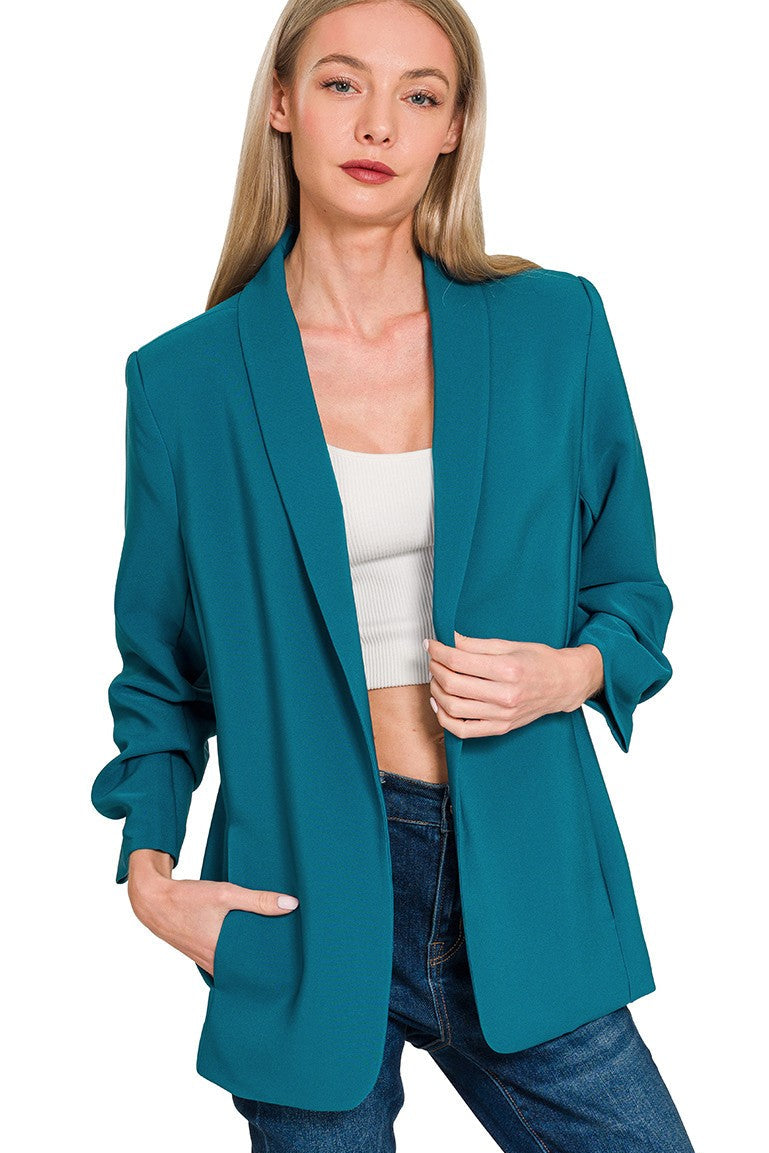 Woven 3/4 Ruched Sleeve Open Front Classic Blazer | Teal