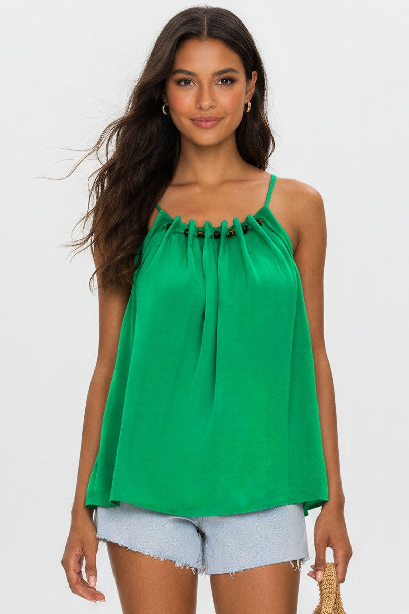 Silky Bead Detail Spaghetti Strap Tank Top | Green