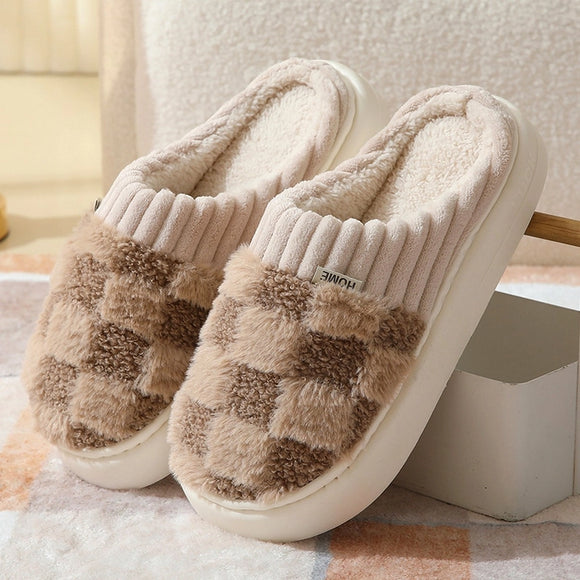 Checkered Fuzzy Warmie Slippers | Coffee