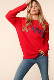MERRY Yarn Embroidery Sweater | Red