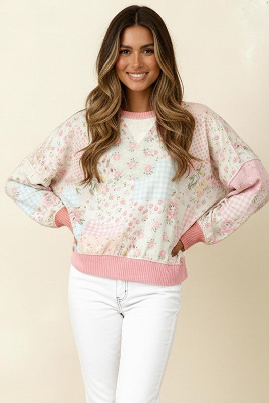 French Terry Floral Color Block Top | Blush Pink