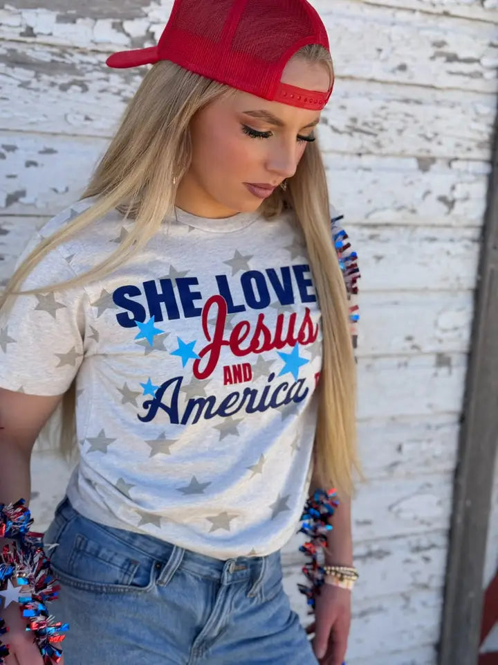 She Loves Jesus & America Too Tee | Natural Stars