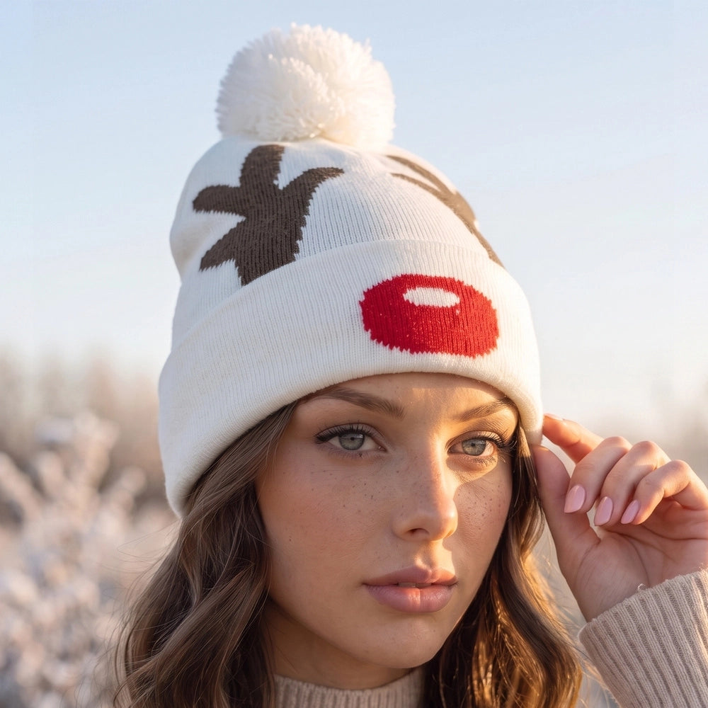 Christmas Reindeer Pom Beanie | White