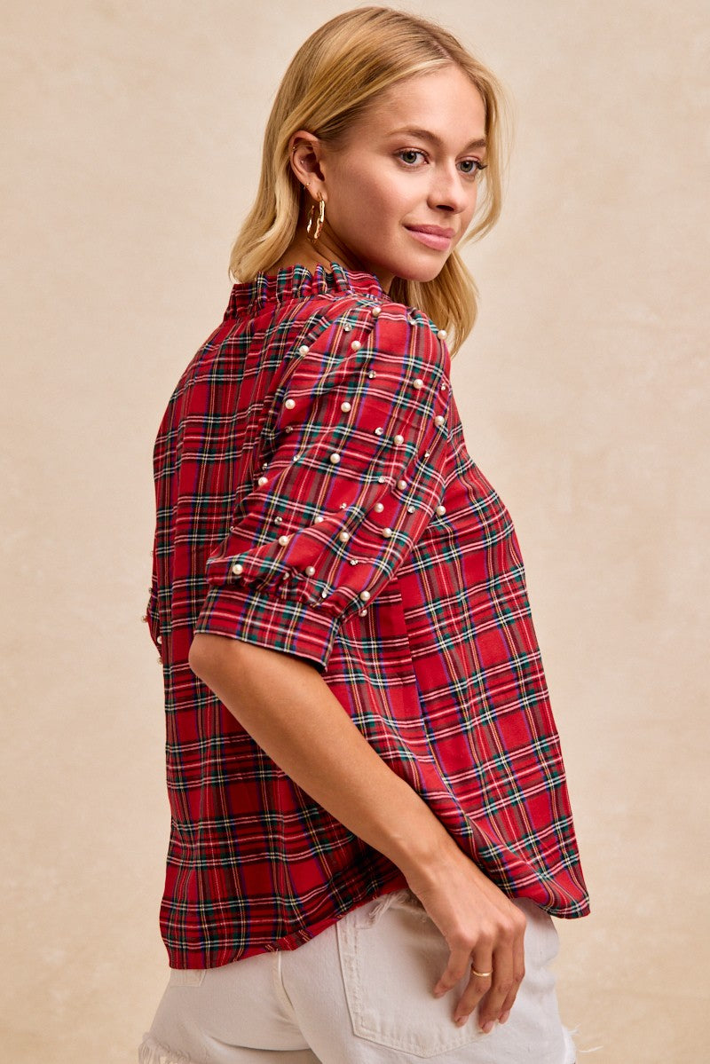 Christmas Plaid Pearl Accent Top | Red