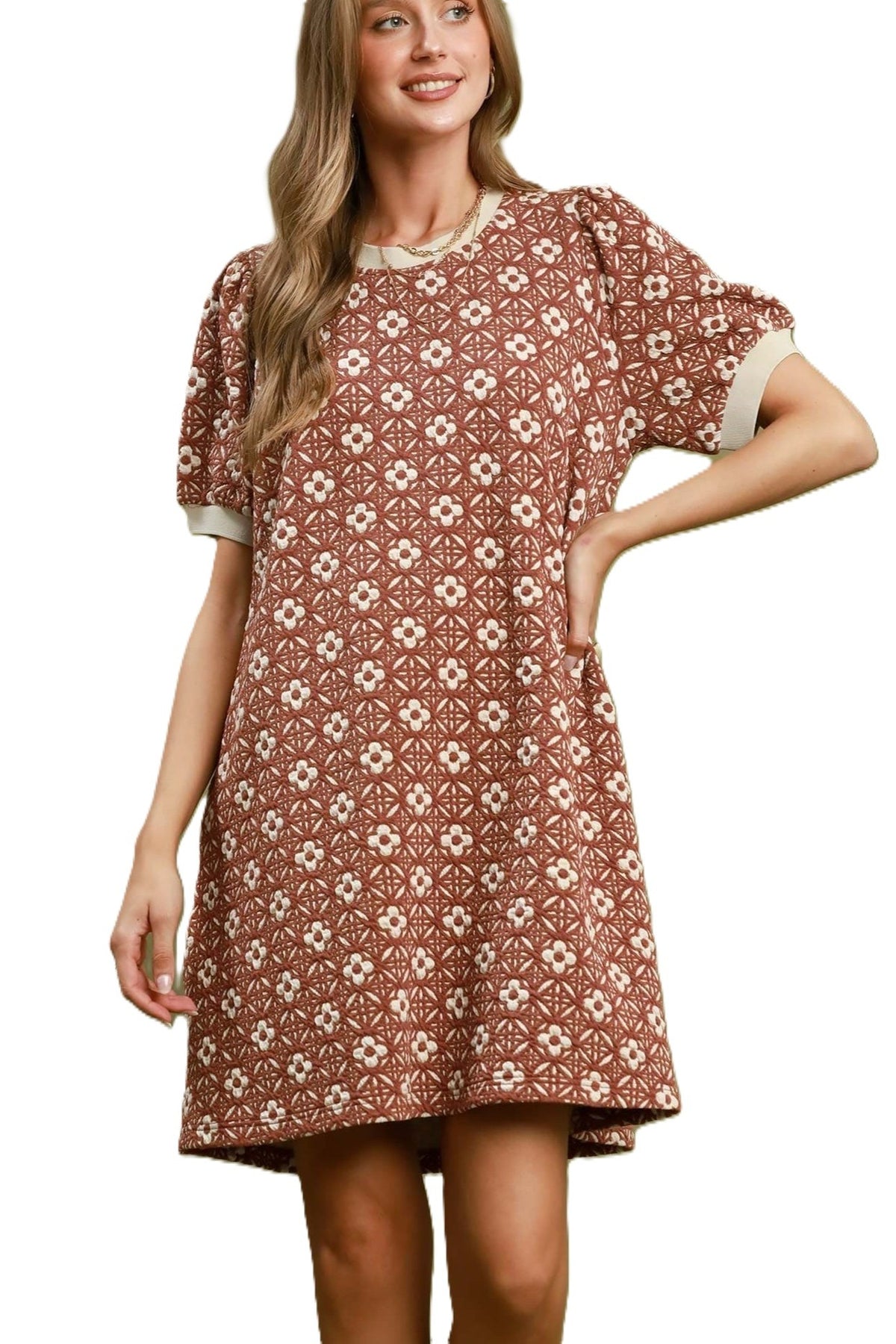 Floral Textured Puff Sleeve Dress | Rust