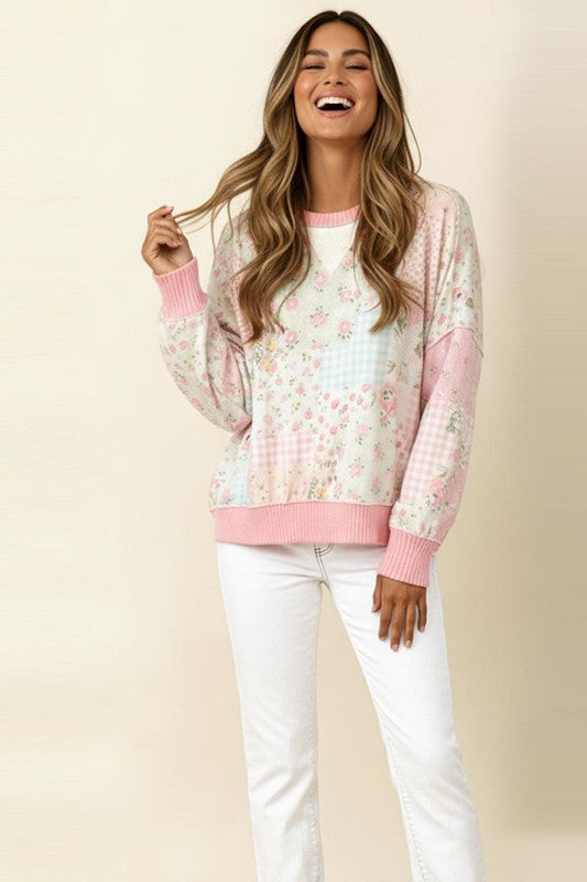 French Terry Floral Color Block Top | Blush Pink
