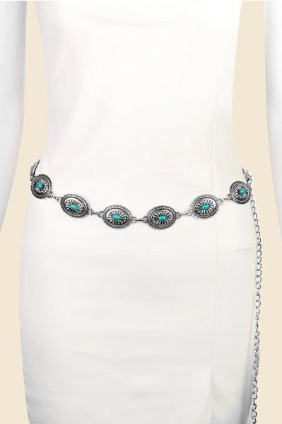 Western Metal Concho Belt | Silver/Turquoise