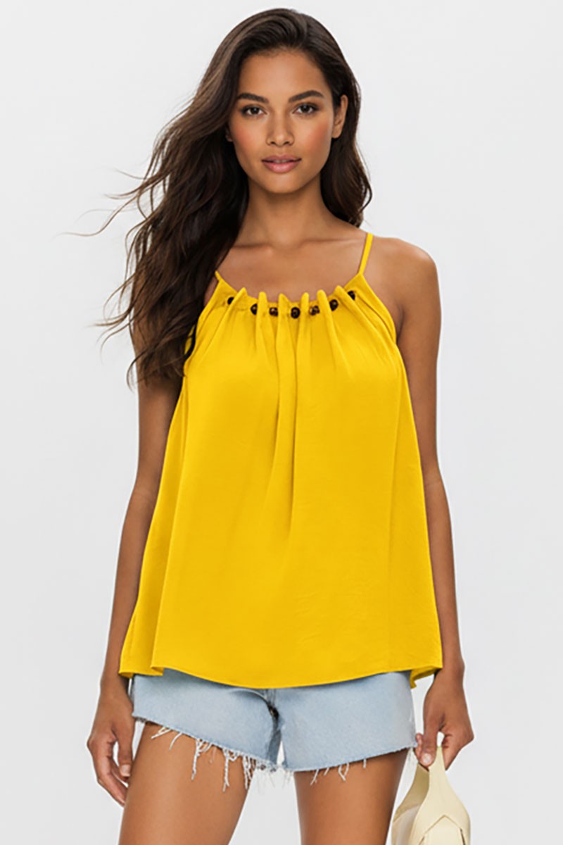 Silky Bead Detail Spaghetti Strap Tank Top | Yellow