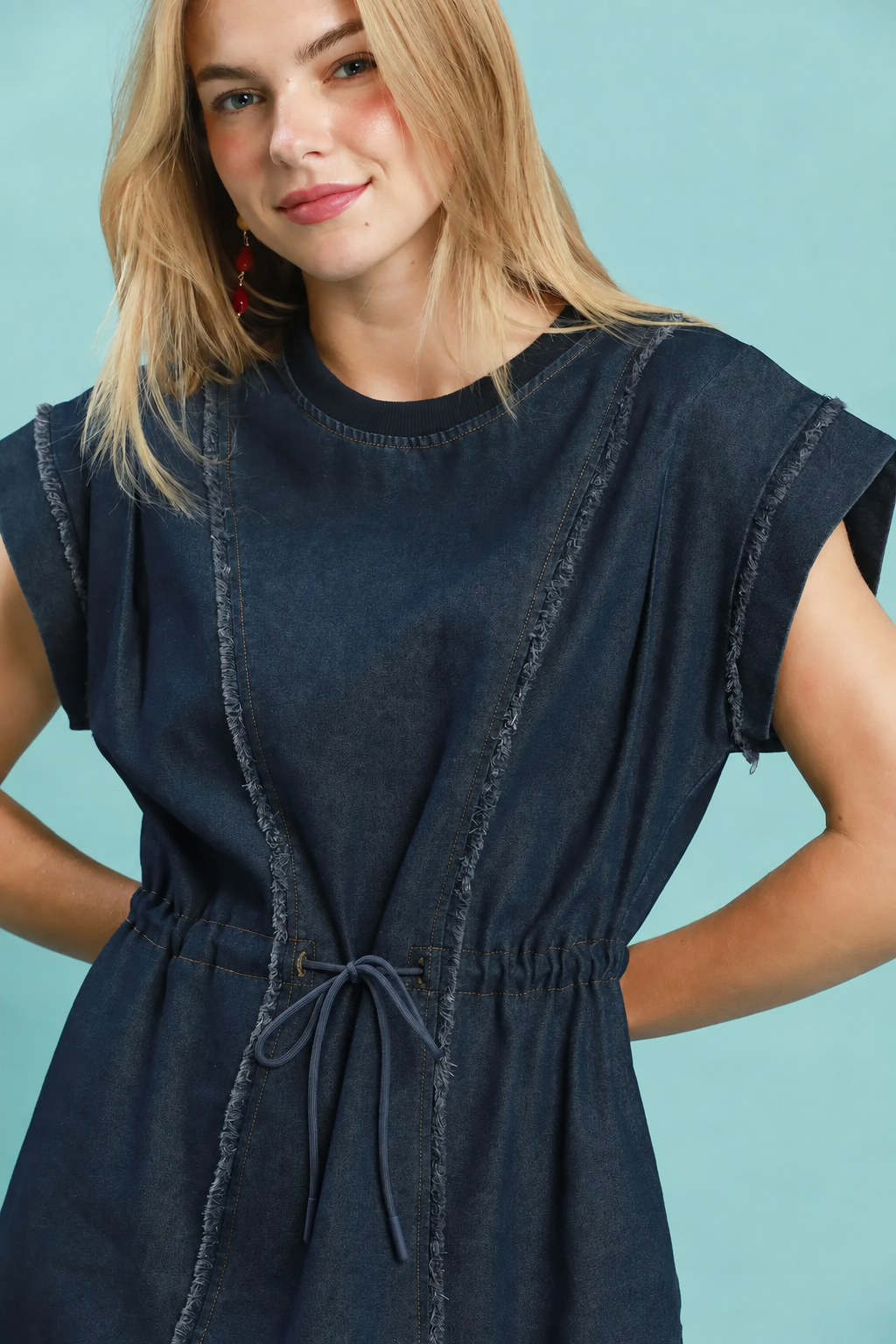 Drawstring Frayed Denim Dress | Dark Wash
