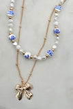 Blue Ceramic Bow Layer Chain | Gold Necklace