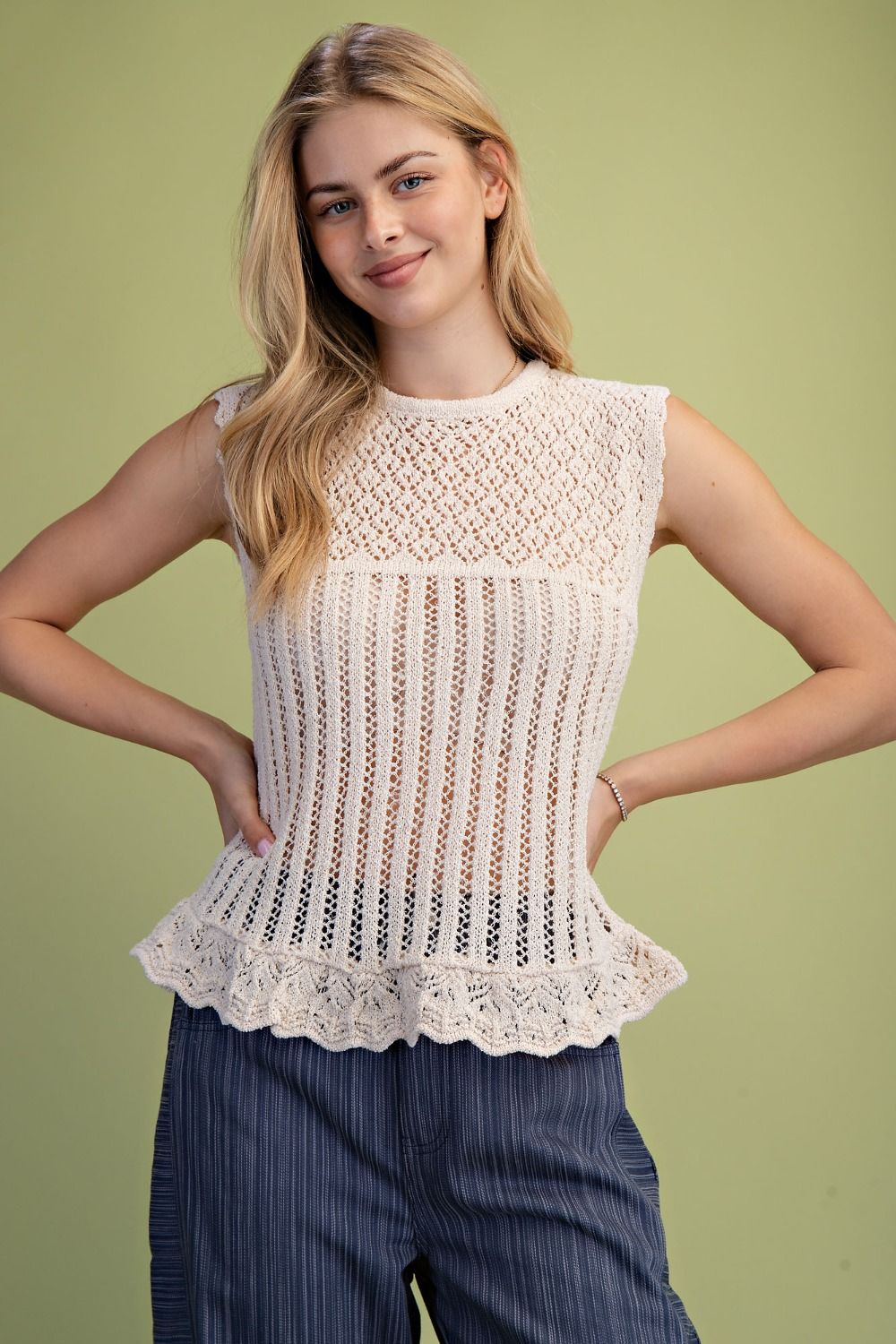 Sleeveless Crochet Knit Top | Natural